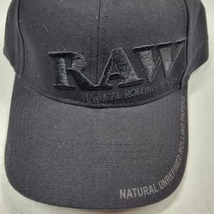 RAW Baseball Cap Hat Black On Black Logo Curved Bill Adjustable With Wood Poker.